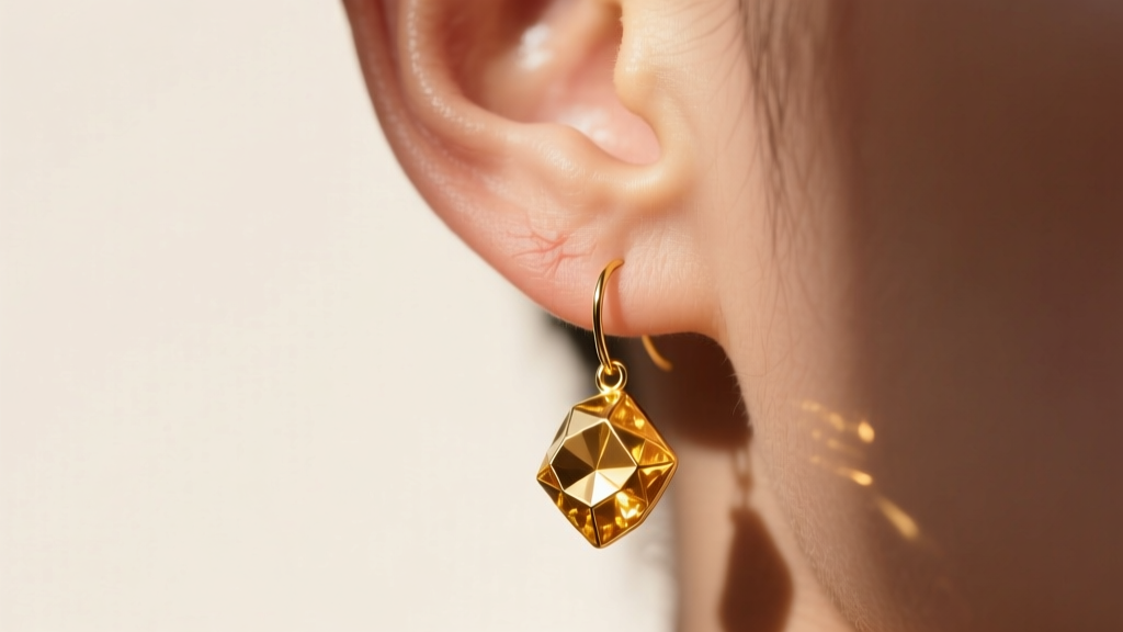 Profile of a stretched earlobe wearing a 22k gold nugget earring on a French wire, highlighting the rich hue of the pure gold.