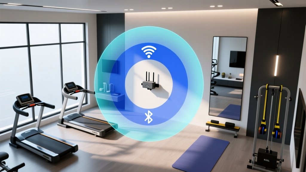 Top-down architectural blueprint of a home gym showing Wi-Fi router placement and Bluetooth fitness tracker syncing zones with signal radius overlays