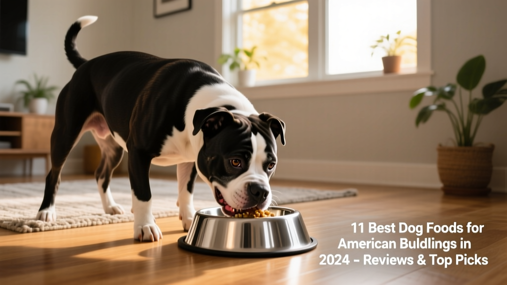 American Bulldog eating from a stainless steel bowl indoors