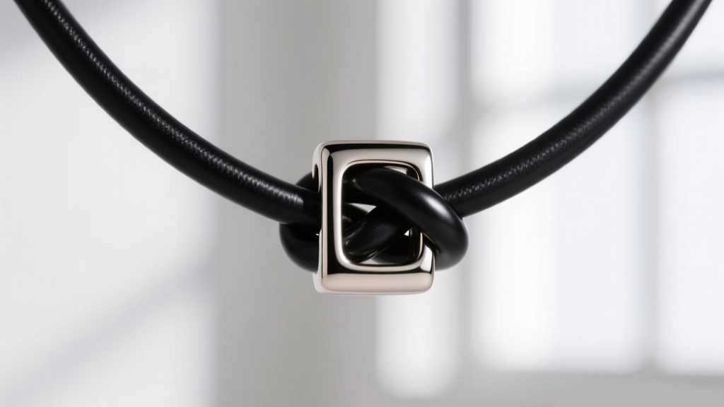 Macro view of a black PTFE cord through a titanium pendant bail, showing precise clearance and a clean sliding square knot