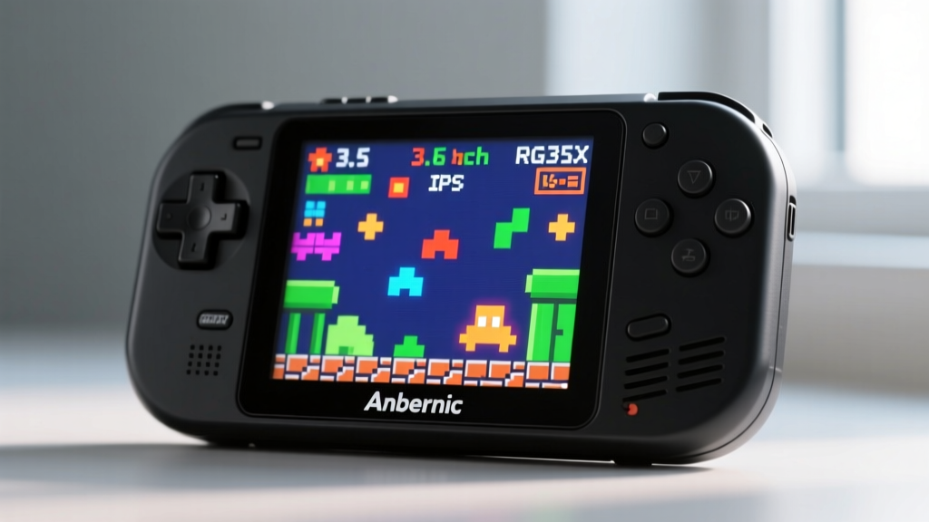 Close-up of the Anbernic RG35XX H vertical retro handheld displaying a 16-bit pixel art game on its vibrant 3.5-inch IPS screen.