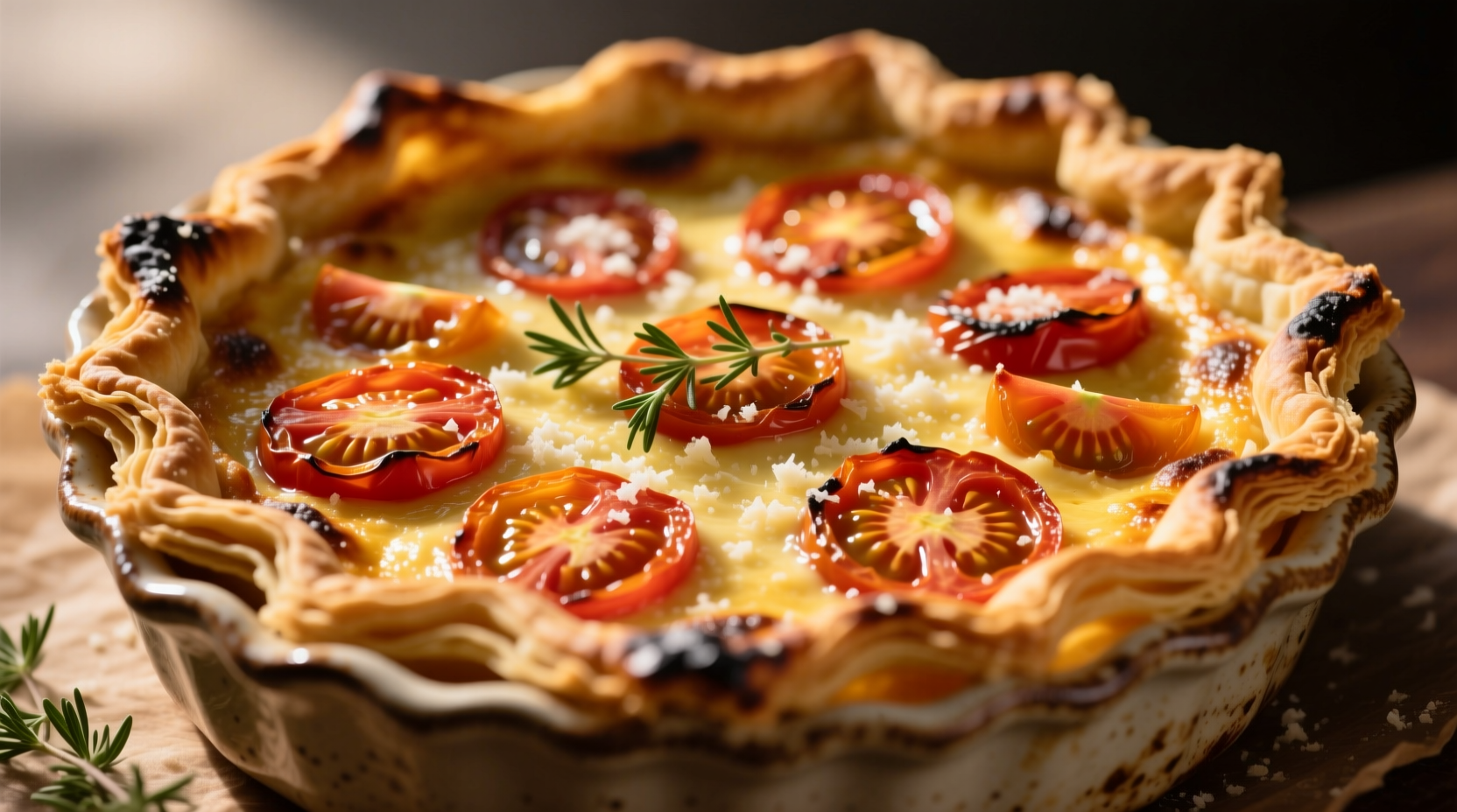 Golden tomato quiche pie with flaky crust