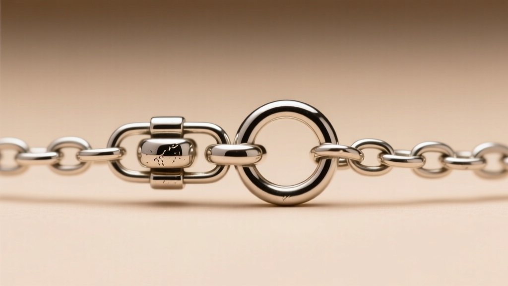 Macro shot of a 14mm solid cast lobster clasp and an 18-gauge split jump ring attached to a delicate sterling silver rolo chain.