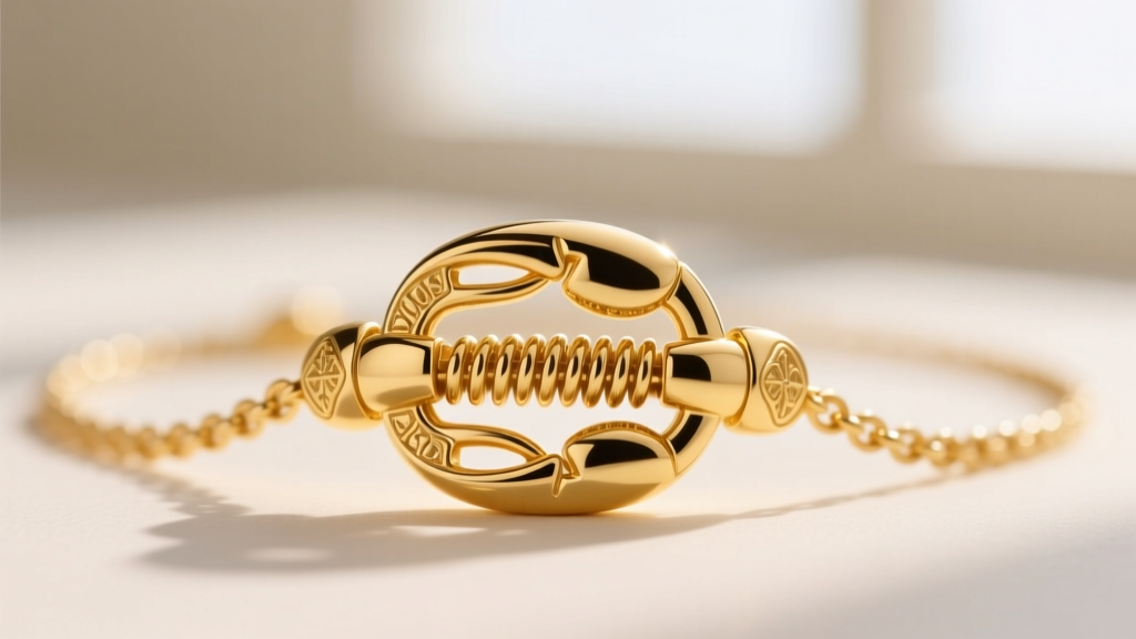 Macro shot of a 14k yellow gold front clasp necklace revealing the spring mechanism inside a decorative lobster clasp.