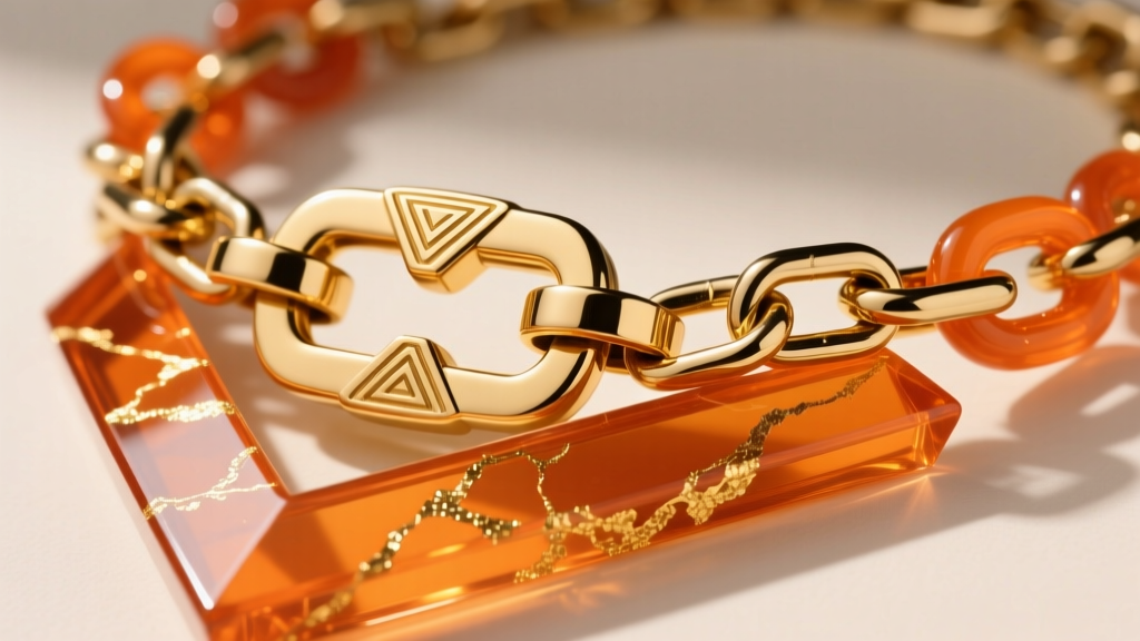 Close-up of a heavy-duty 15mm gold lobster clasp attached to a thick chain link on a chunky orange acrylic statement necklace.