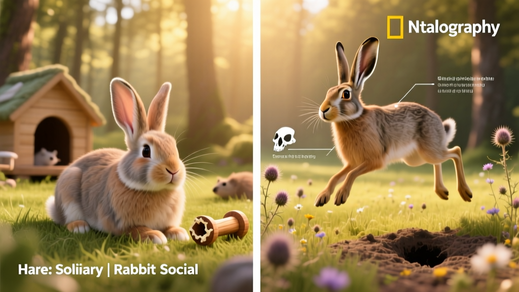 Infographic-style illustration showing key anatomical and behavioral differences between rabbits and hares