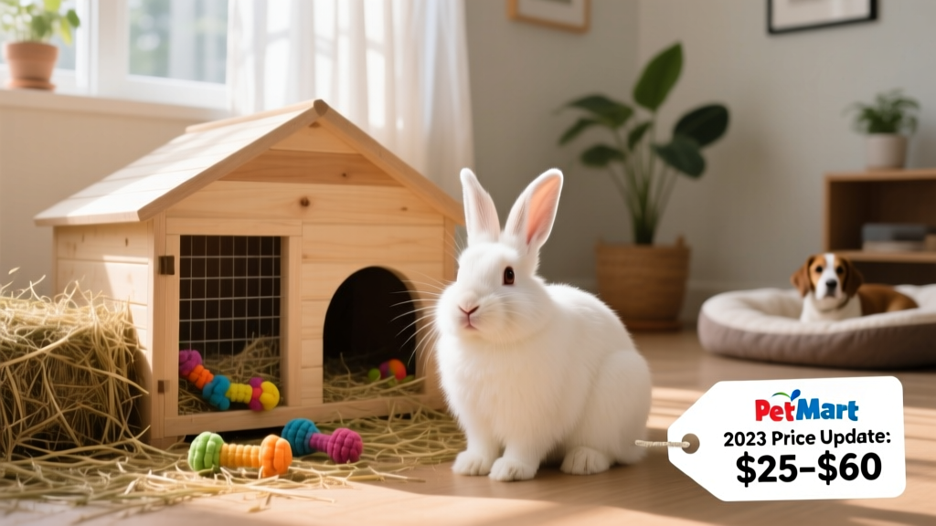 A friendly rabbit sitting calmly beside a clean, spacious hutch with hay and toys