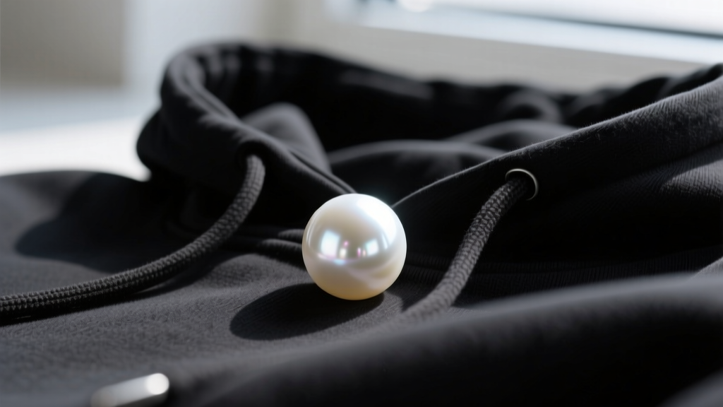 Close-up of a lustrous white Akoya pearl on a matte black streetwear hoodie, highlighting its sharp mirror-like surface reflection
