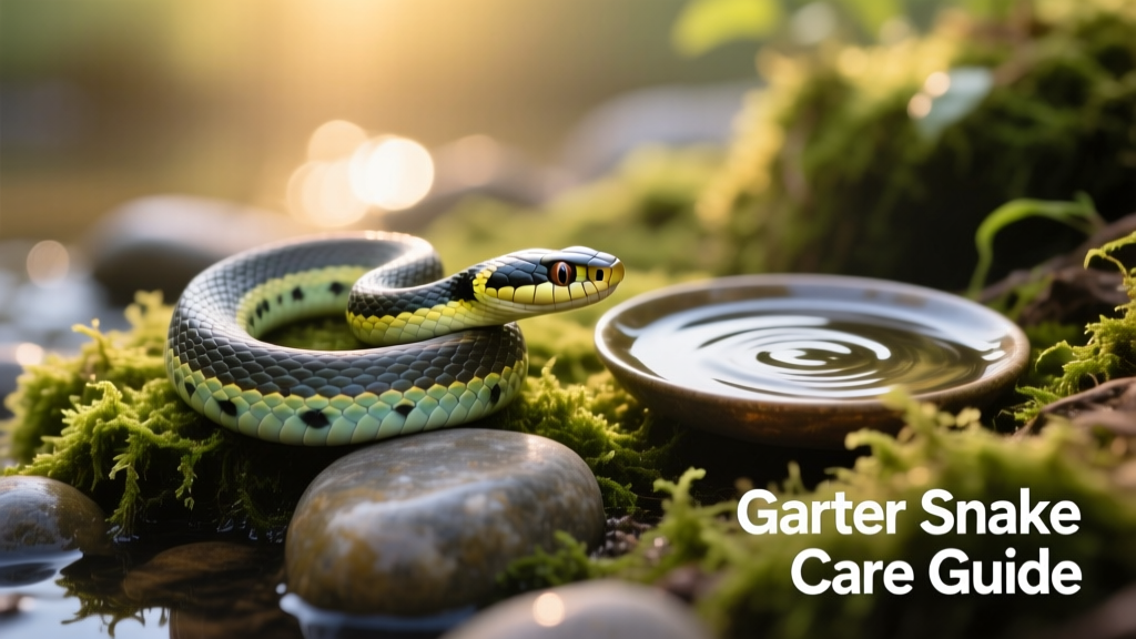 A calm garter snake coiled gently on naturalistic substrate with moss and a small water dish nearby