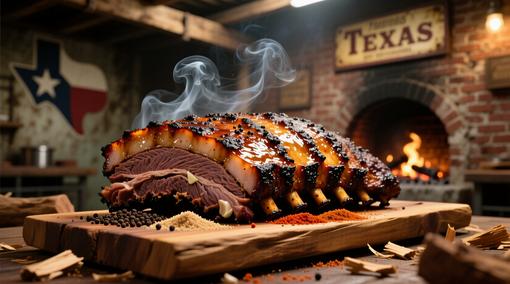 Texas brisket with smoke and seasoning