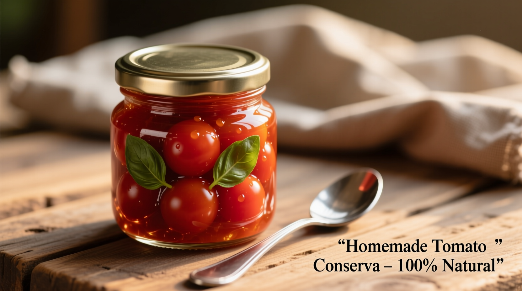 Glass jar of deep red tomato conserva with spoon