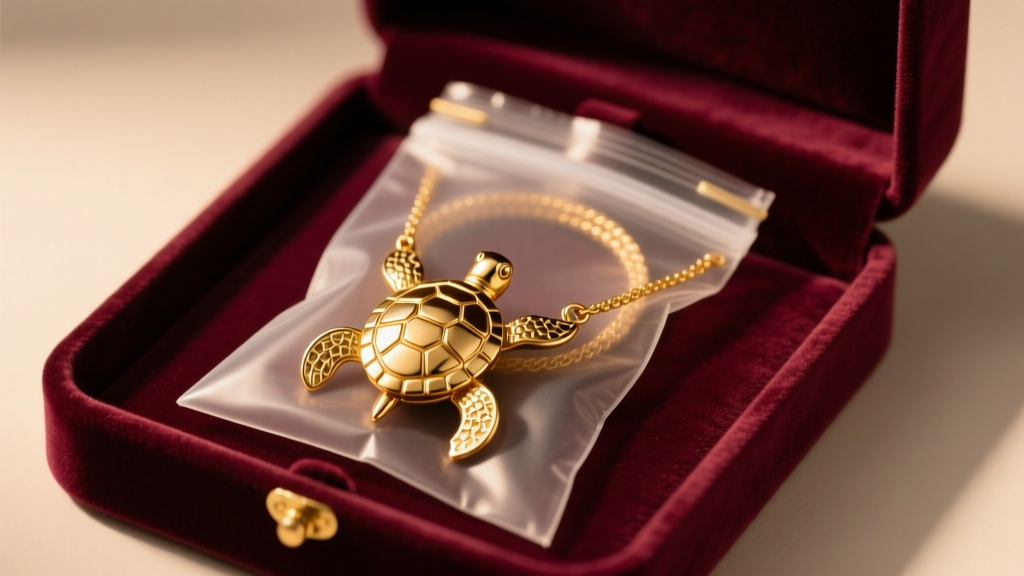 Gold turtle necklace coiled in an anti-tarnish pouch, resting inside a velvet-lined jewelry box under warm, soft ambient lighting.