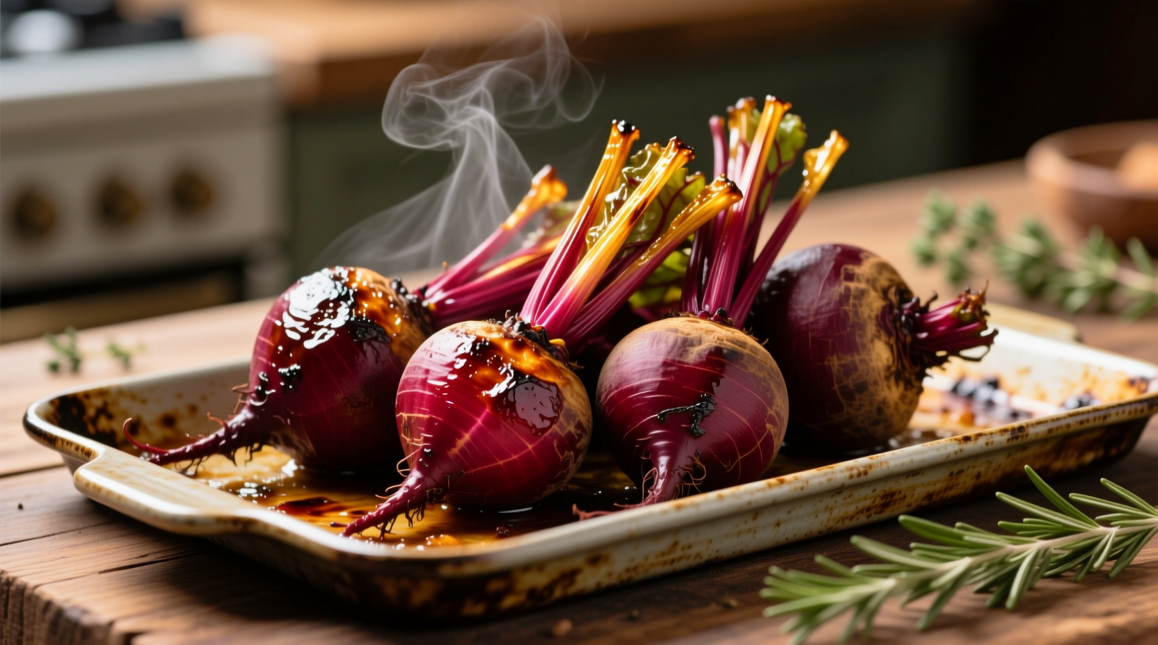 Perfectly roasted beets with golden edges on baking sheet