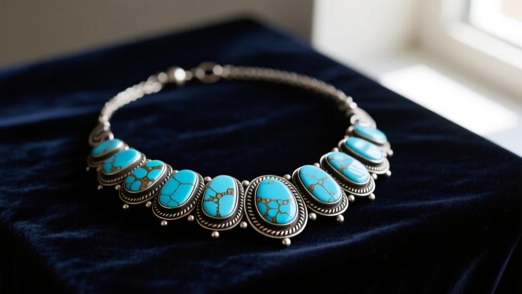 Vintage Navajo squash blossom necklace on dark velvet, showing natural blue turquoise and oxidized stamped silver.