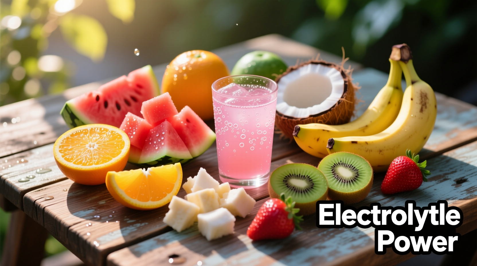 Colorful array of electrolyte-rich foods on wooden table