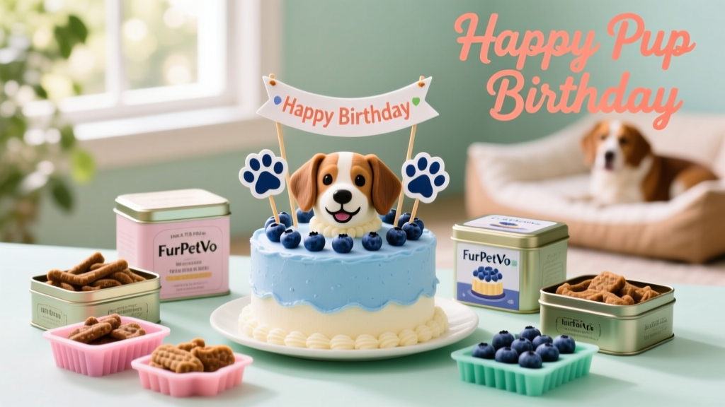 Assorted FurPetVo dog treats and cake kits arranged neatly on a pastel-colored background with a birthday banner