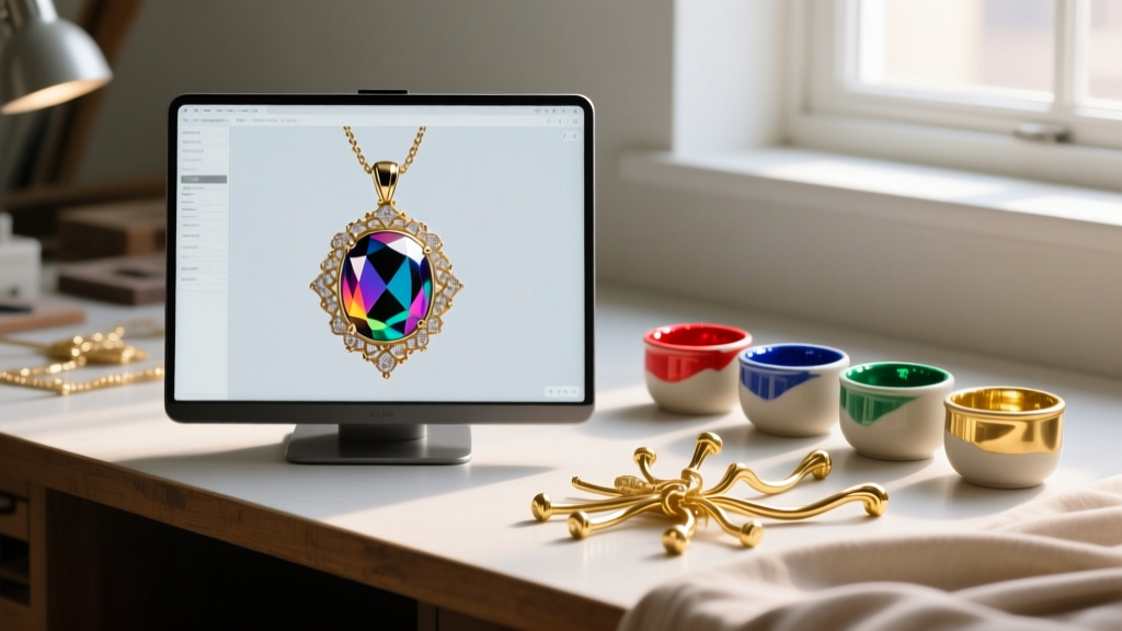Jeweler workbench showing a 3D CAD rendering of a novelty pendant on screen next to raw gold casting sprues and enamel pots