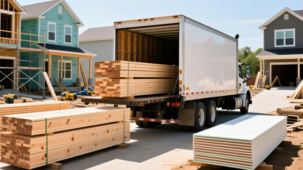 Flatbed delivery truck unloading stacks of engineered lumber and drywall at a bustling residential construction site in Charlotte
