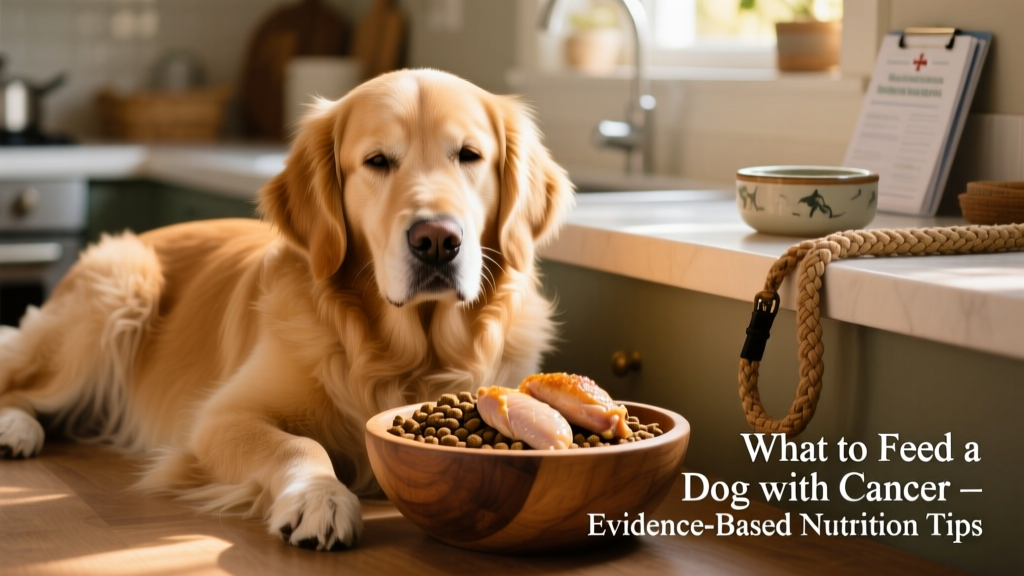 A calm, well-nourished dog resting beside a bowl of high-quality kibble and fresh cooked chicken