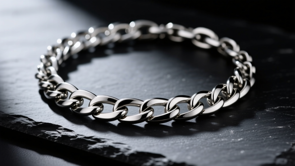 Close-up of a thick, brushed titanium curb chain necklace resting on a dark slate surface, illuminated by dramatic side lighting