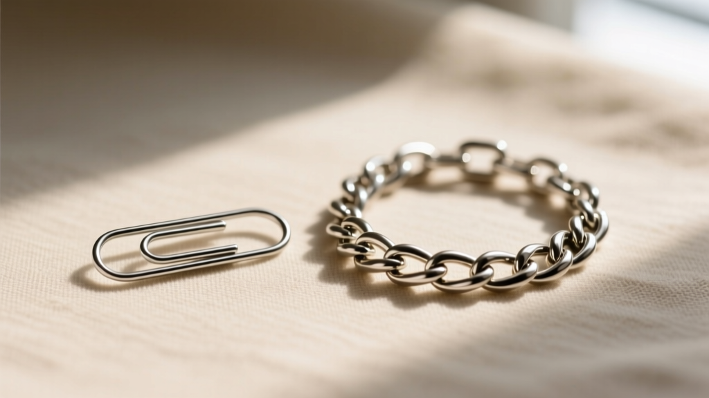 Macro shot of a 10mm silver paperclip chain and a 12mm Figaro chain side-by-side on a neutral beige linen fabric background.