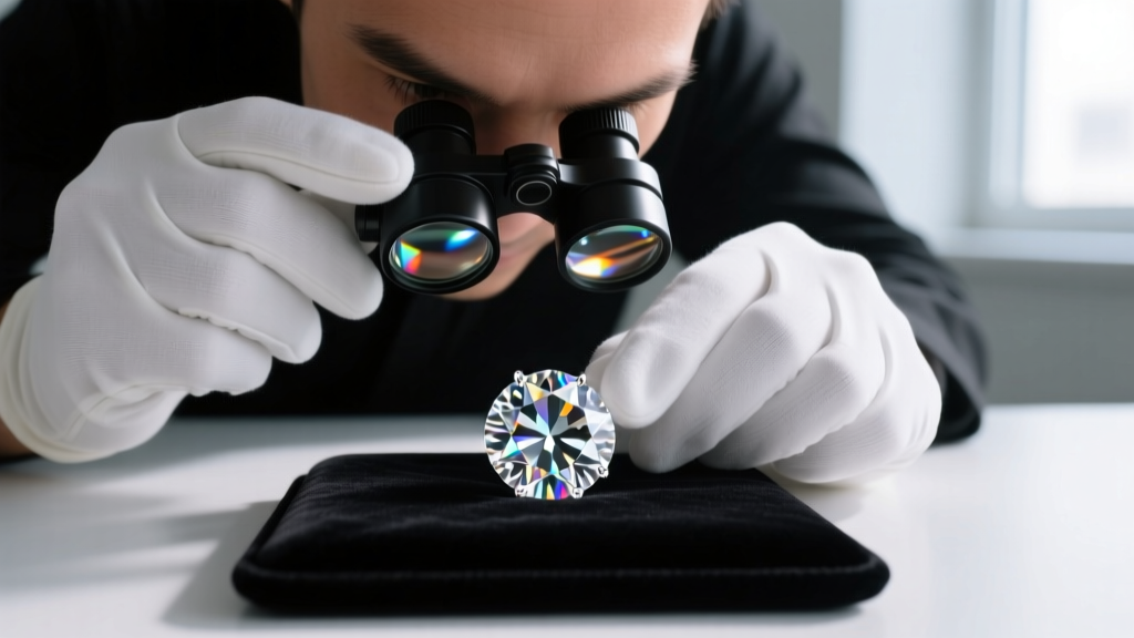 Jeweler using a 10x triplet loupe to inspect pavilion facets of a GIA-certified round brilliant diamond on a dark velvet pad