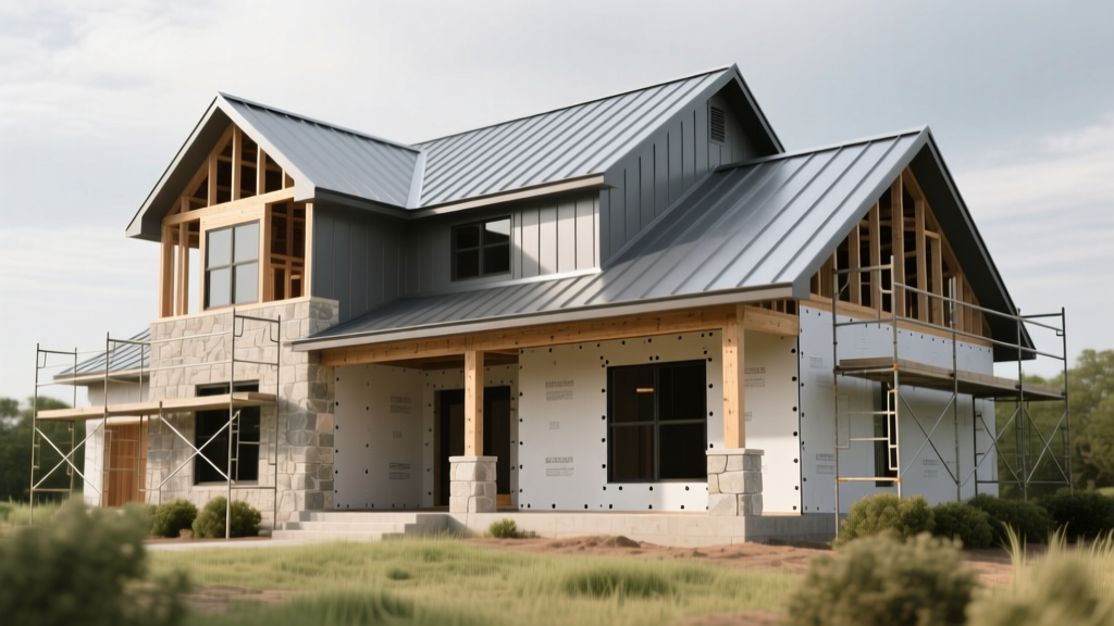 Modern two-story Texas farmhouse with standing seam metal roof and limestone accents under construction on scaffolding