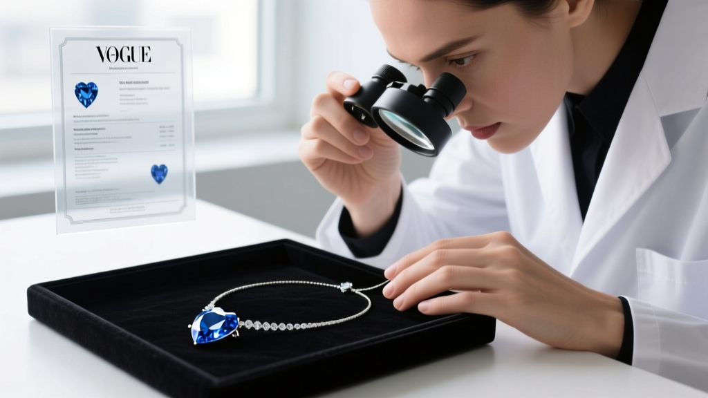 Jeweler using a 10x loupe to inspect a lab-created blue sapphire heart necklace, with a gem report in the soft background.