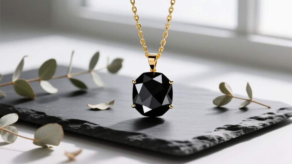 Flat lay of a faceted black tourmaline pendant on a 14k yellow gold rolo chain resting on dark slate with dried eucalyptus leaves
