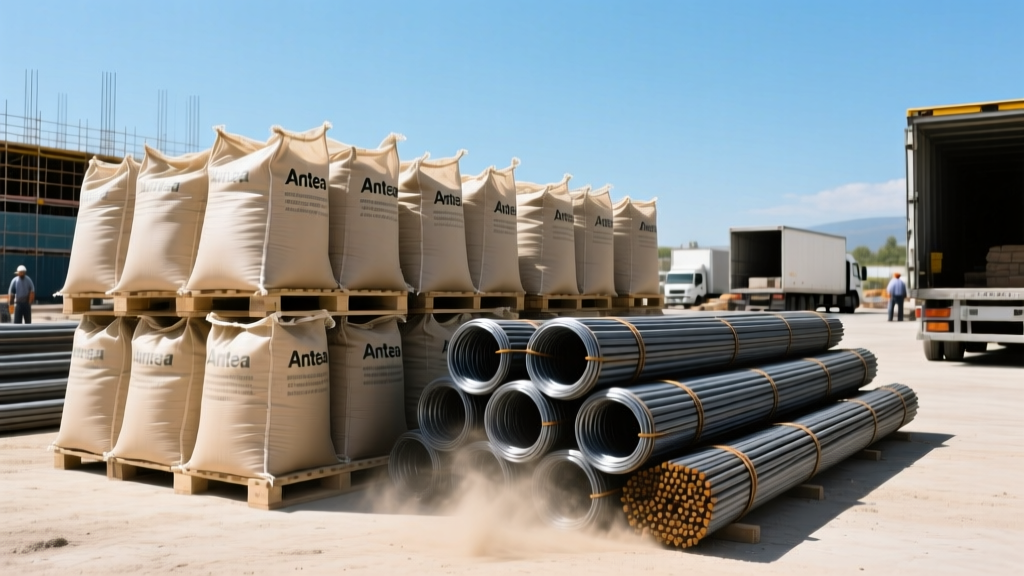 Pallets of bagged Antea cement and bundled steel rebar stacked at a busy construction supply yard in Tirana under clear skies