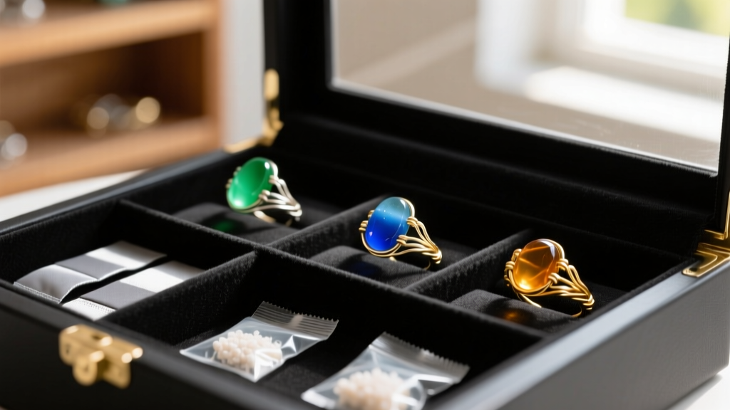 An organized jewelry storage box containing anti-tarnish strips, silica gel packets, and finished sea glass wire-wrapped rings