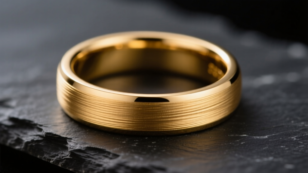 Macro shot of a thick 22k soft gold jewelry band with a brushed matte finish resting on dark slate under soft warm lighting