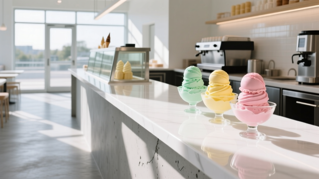 Polished gray concrete restaurant floors transitioning to seamless white epoxy flooring at a bright custard sundae preparation counter