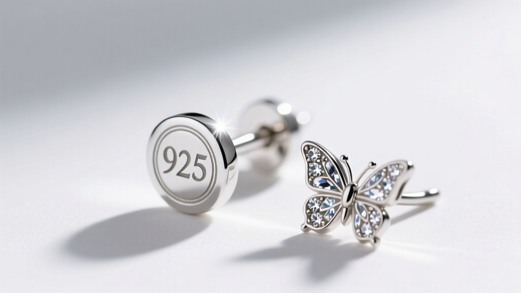 Macro view of a 925 sterling silver earring post showing a laser-engraved hallmark beside a butterfly clutch in bright light