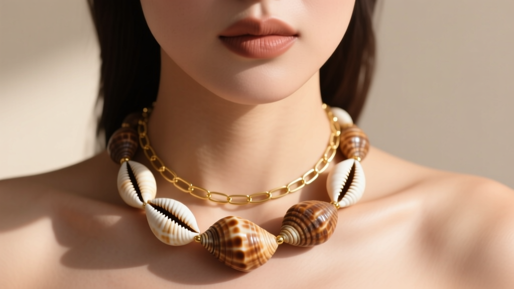 Close-up portrait of a model wearing a chunky 12mm vintage puka shell necklace layered with a fine 14k gold paperclip chain