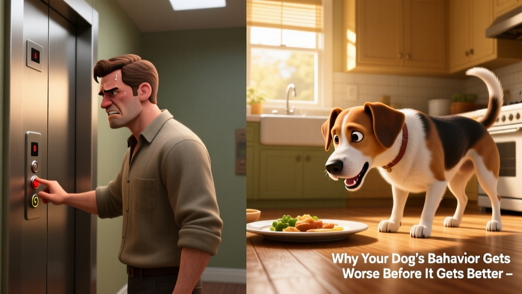 Side-by-side illustrations: left shows a frustrated person repeatedly pressing an elevator button; right shows a dog intensely barking at its owner’s dinner plate