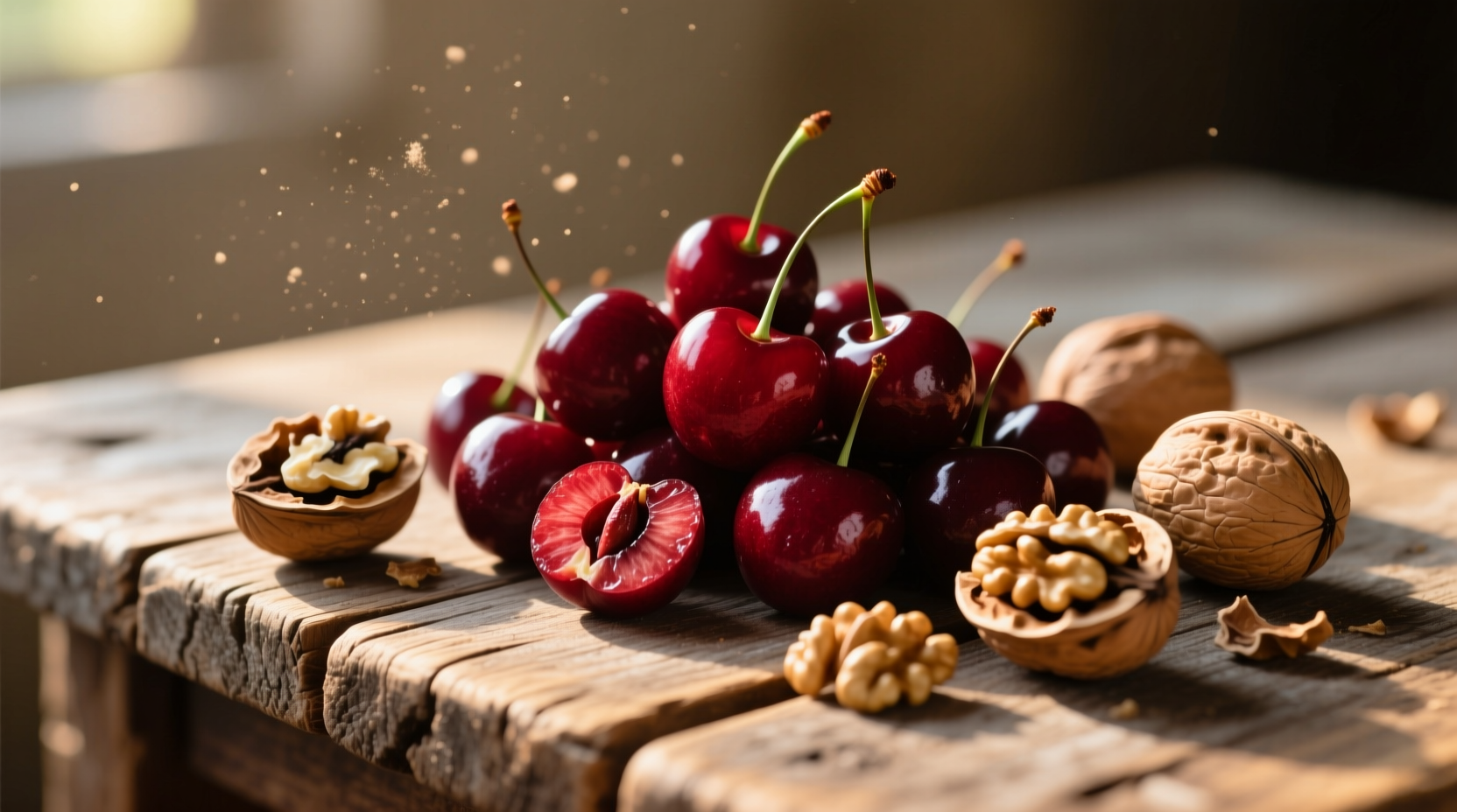 Tart cherries and walnuts on wooden table