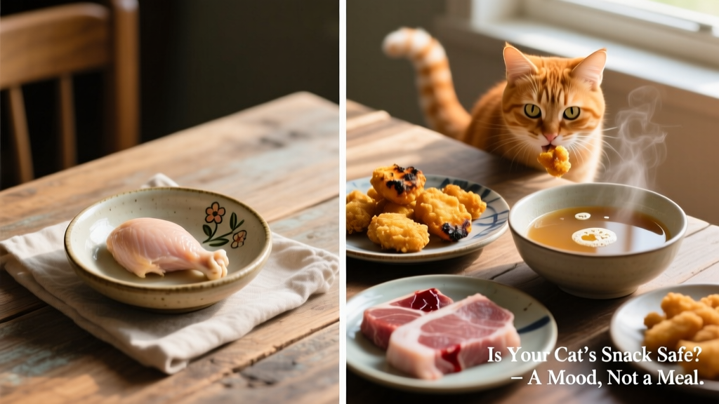 Side-by-side comparison: safe chicken treat (plain boiled chicken, boneless, in a small ceramic dish) vs. unsafe options (fried nuggets, salty broth, raw meat)