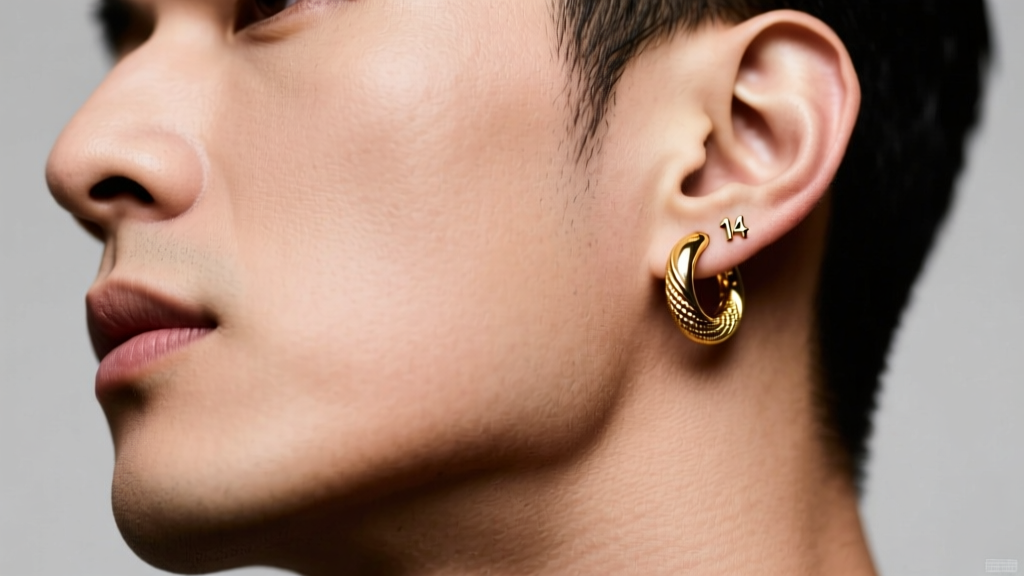 Close-up of masculine jawline wearing 14-gauge solid gold seamless hoop earring, studio lighting, sharp focus on metal texture