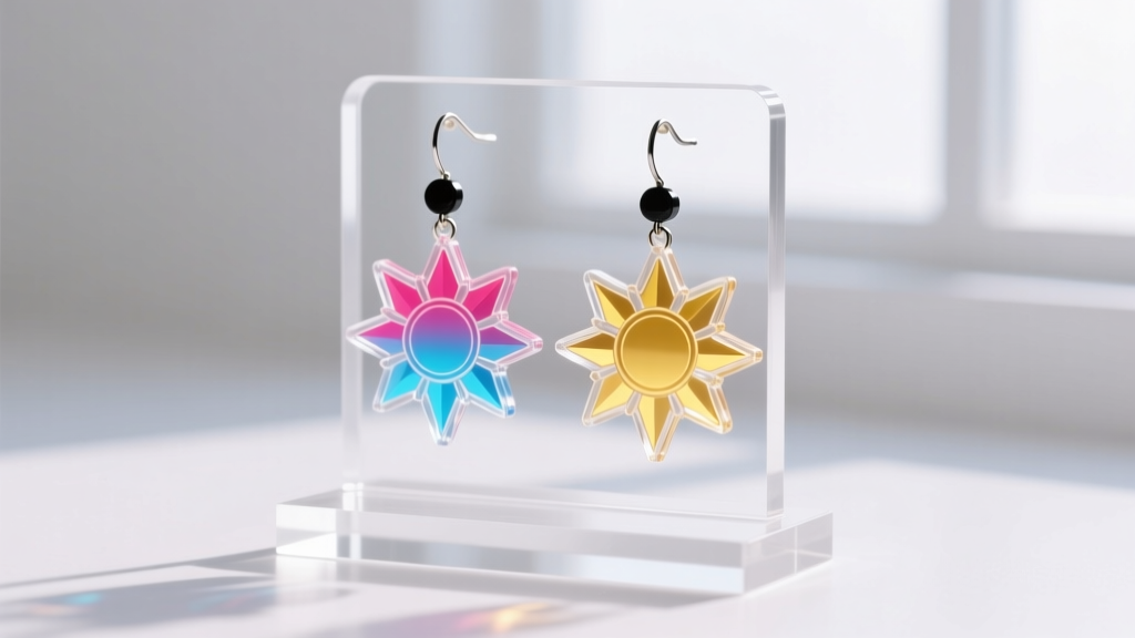 Lightweight acrylic anime-inspired sun-ray hanafuda drop earrings with black posts displayed on a minimalist white acrylic stand.