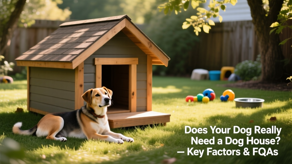 A cozy, weather-resistant dog house in a shaded backyard with a dog resting nearby