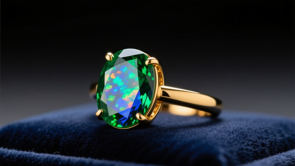 Close-up of a 14k yellow gold Kay opal ring on soft velvet, showing vibrant green and blue play-of-color under warm studio light