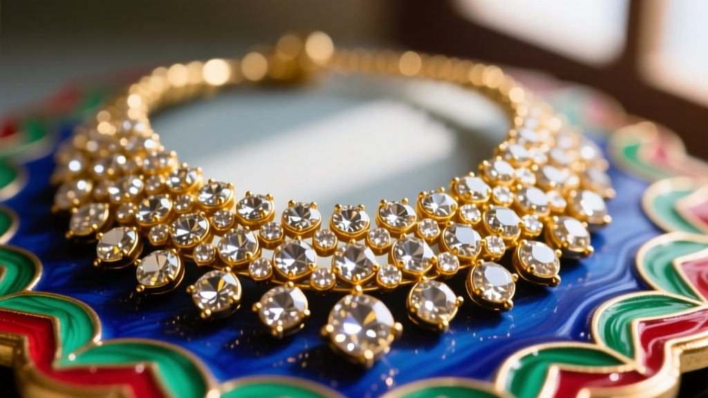 Close-up of a Kundan India necklace with 24k gold foil securing uncut Polki diamonds against a vibrant enameled Meenakari base.