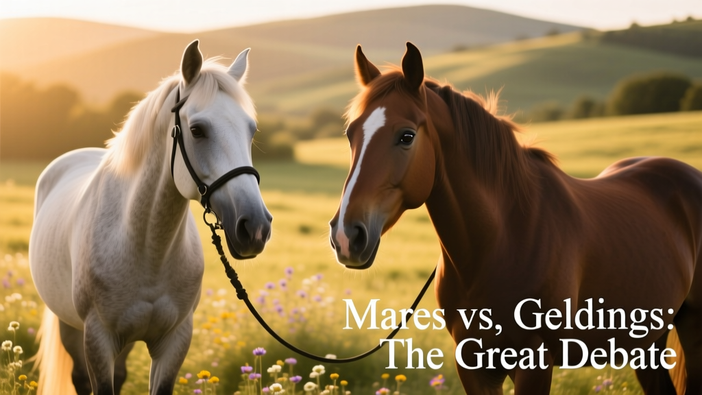 Side-by-side comparison: a serene gelding being led calmly and a curious mare turning toward the camera with bright, engaged eyes