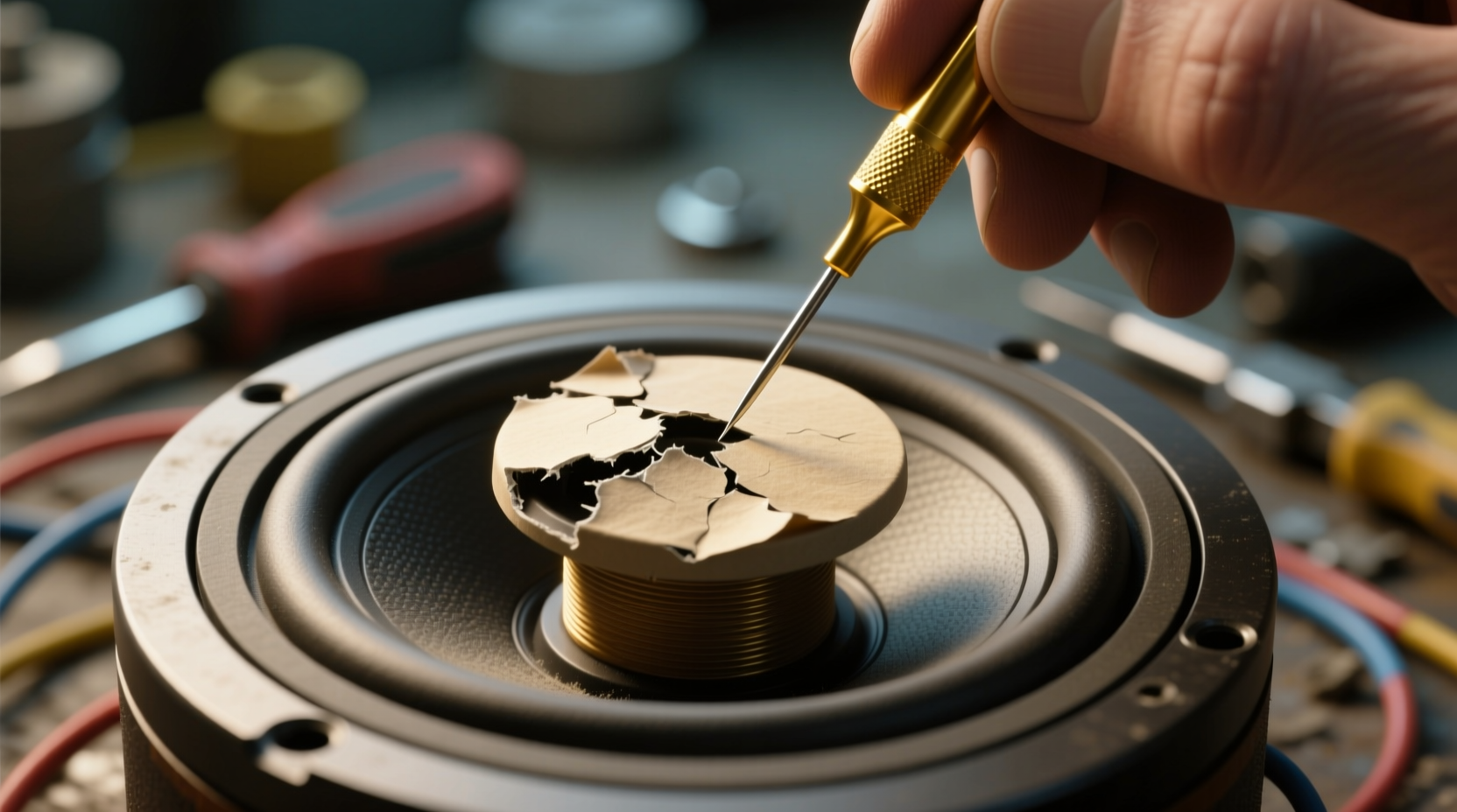 repair speaker dust cap dents with a needle