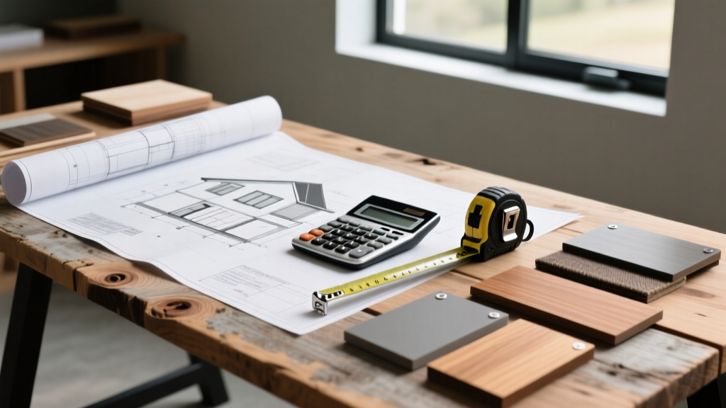 Blueprints on a wooden desk beside a calculator, tape measure, and siding samples for a modern two-story house construction project