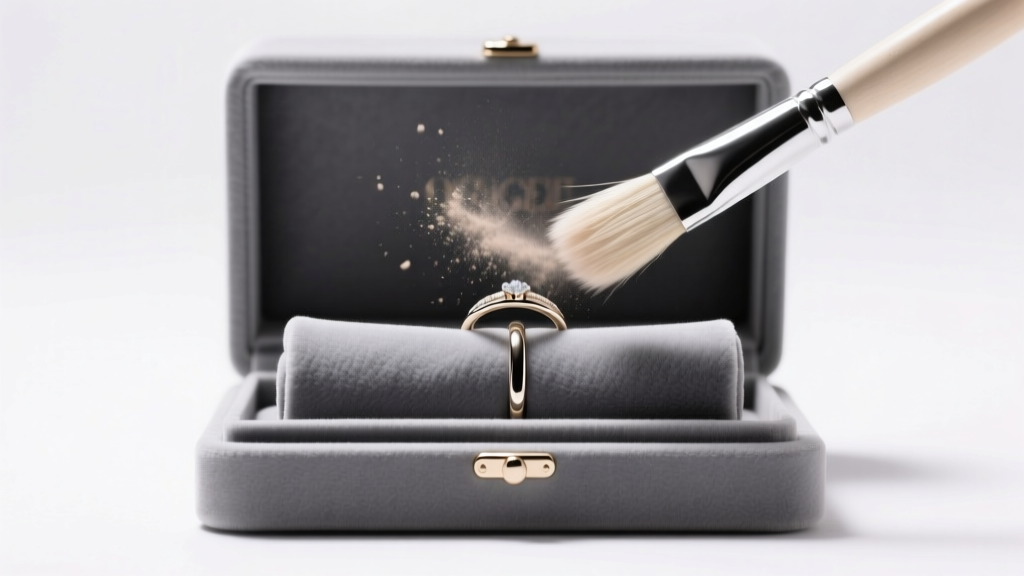 Soft brush sweeping dust from crushed grey velvet ring rolls inside a luxury jewelry box under bright, even studio lighting.