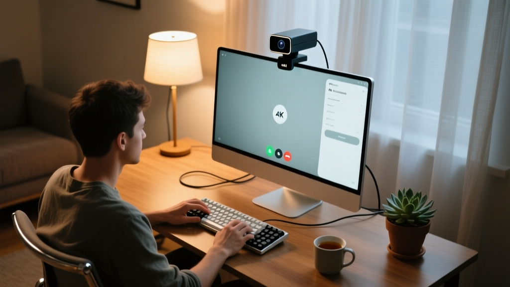 Overhead view of an AI-tracking 4K webcam mounted on a monitor, capturing a remote worker in a cozy, dimly lit room.