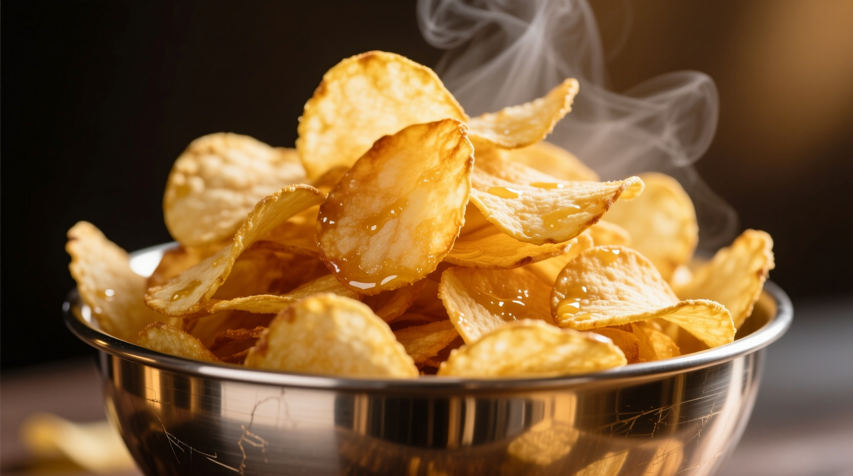 Perfect golden fried potato chips in a metal bowl