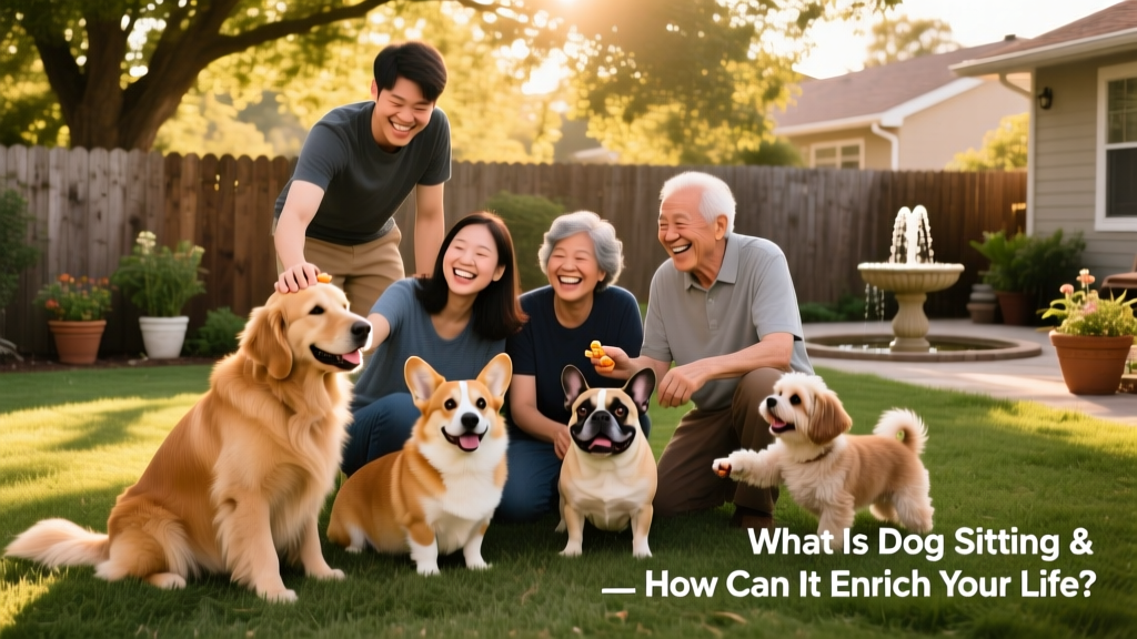 A diverse group of FurPetVo members smiling alongside several friendly dogs in a sun-dappled backyard